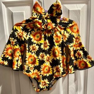 Black Bell Sleeve Sunflower Bubbles Romper & Headband